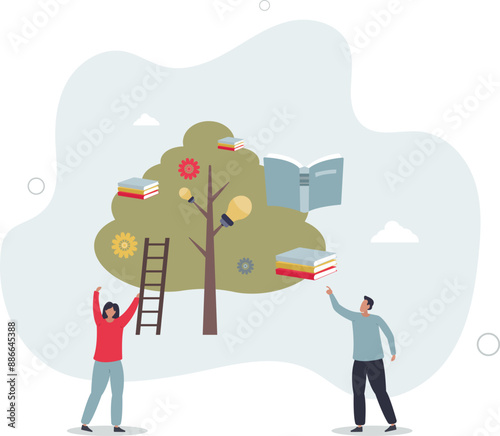 Education and access to resources and book literature.Library as growing knowledge tree for learning, training and personal development.flat design.illustration with people.