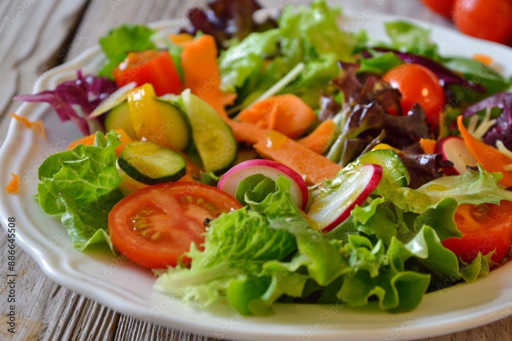 A colorful and healthy vegetable salad featuring fresh lettuce, tomatoes, cucumbers, radishes, and mixed greens on a white plate. A colorful and healthy vegetable salad featuring fresh lettuce, tomatoes, cucumbers, radishes, and mixed greens on a white plate.