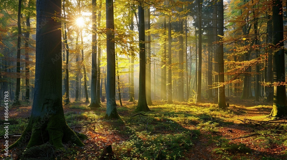 Fototapeta premium Morning Light Penetrates the Beautiful Green Forest
