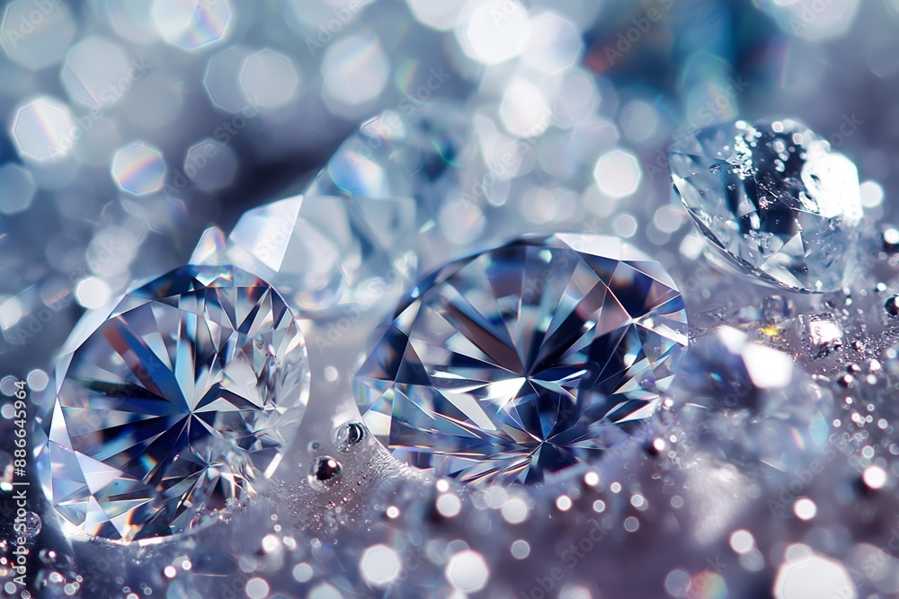 Cluster of bright, sparkling diamonds on a shiny, dazzling background, reflecting light and creating beautiful bokeh.