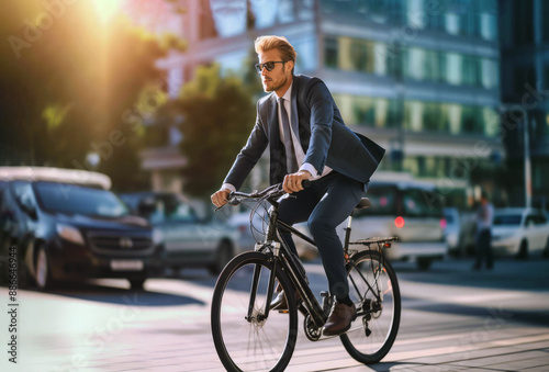 Male office worker rides on a bicycle to work on a city street.