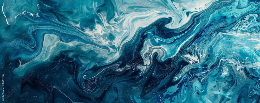 Obraz premium Abstract fluid art background with swirling patterns of deep blues, teals, and white, creating a mesmerizing, oceanic effect with rich textures and dynamic movement.