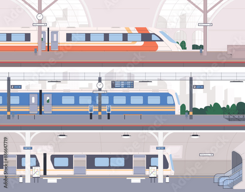 Railway station, metro station, stop for public transport on tracks. Transportation of passengers by train. City municipal buildings. Vector illustration