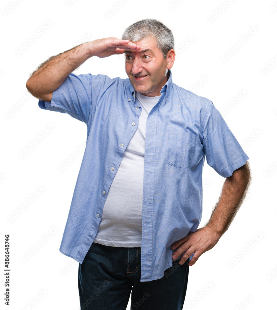 Handsome senior man over isolated background very happy and smiling looking far away with hand over head. Searching concept. Handsome senior man over isolated background very happy and smiling looking far away with hand over head. Searching concept.
