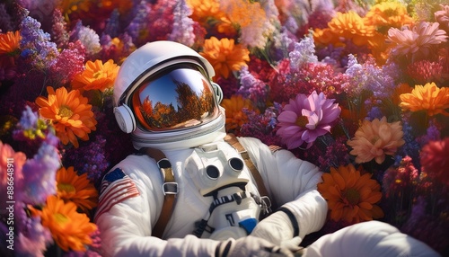 Astronaut lies amidst a vivid floral tapestry, a striking 3D blend of space exploration and earth's blossoms