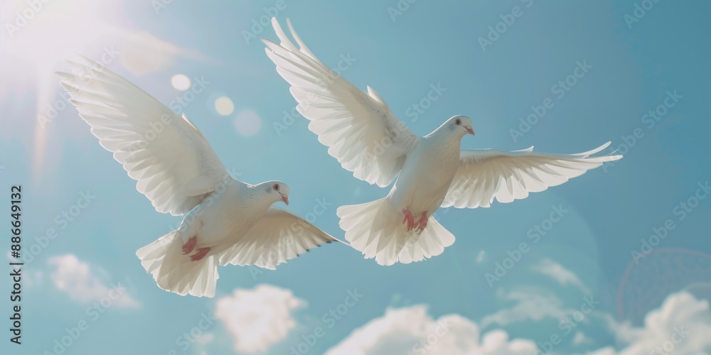 Fototapeta premium Two white doves soaring through a clear blue sky