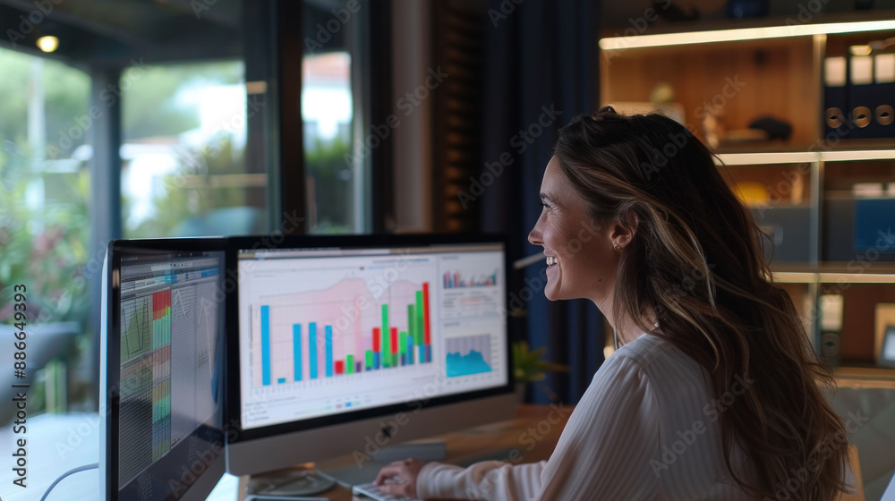 Woman working on data analysis with multiple monitors in a modern office during the night. Woman working on data analysis with multiple monitors in a modern office during the night.