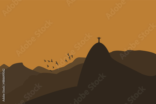 Rio de janeiro Brazil. Statue of Christ on Corcovado Mountain at sunrise with birds flying. Orange tones. Tijuca National Park. EPS vector image.