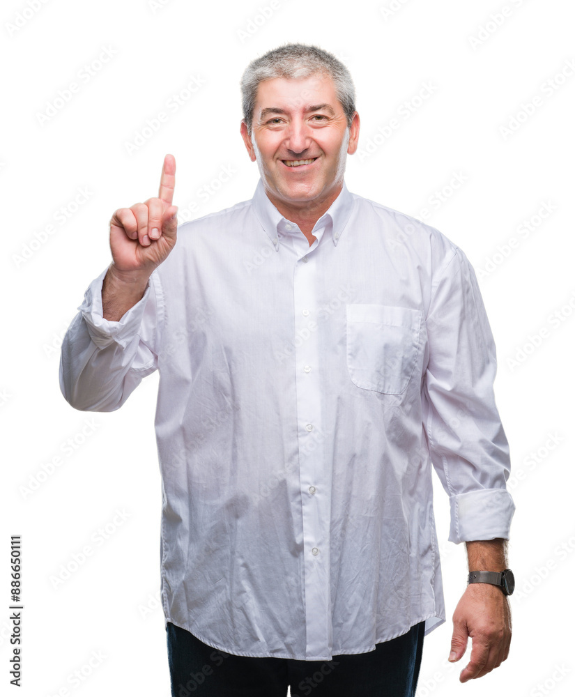 Handsome senior man over isolated background showing and pointing up with finger number one while smiling confident and happy. Handsome senior man over isolated background showing and pointing up with finger number one while smiling confident and happy.