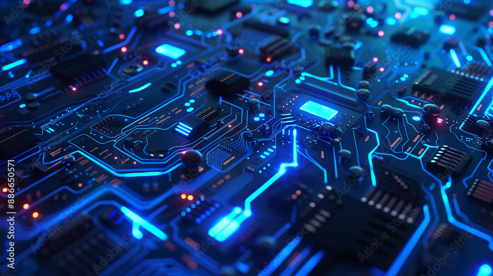 Close-up of Electronic Circuit Board with Microchips and Blue LED Lights, Futuristic Blue Technology Background with Circular Digital Elements Close-up of Electronic Circuit Board with Microchips and Blue LED Lights, Futuristic Blue Technology Background with Circular Digital Elements