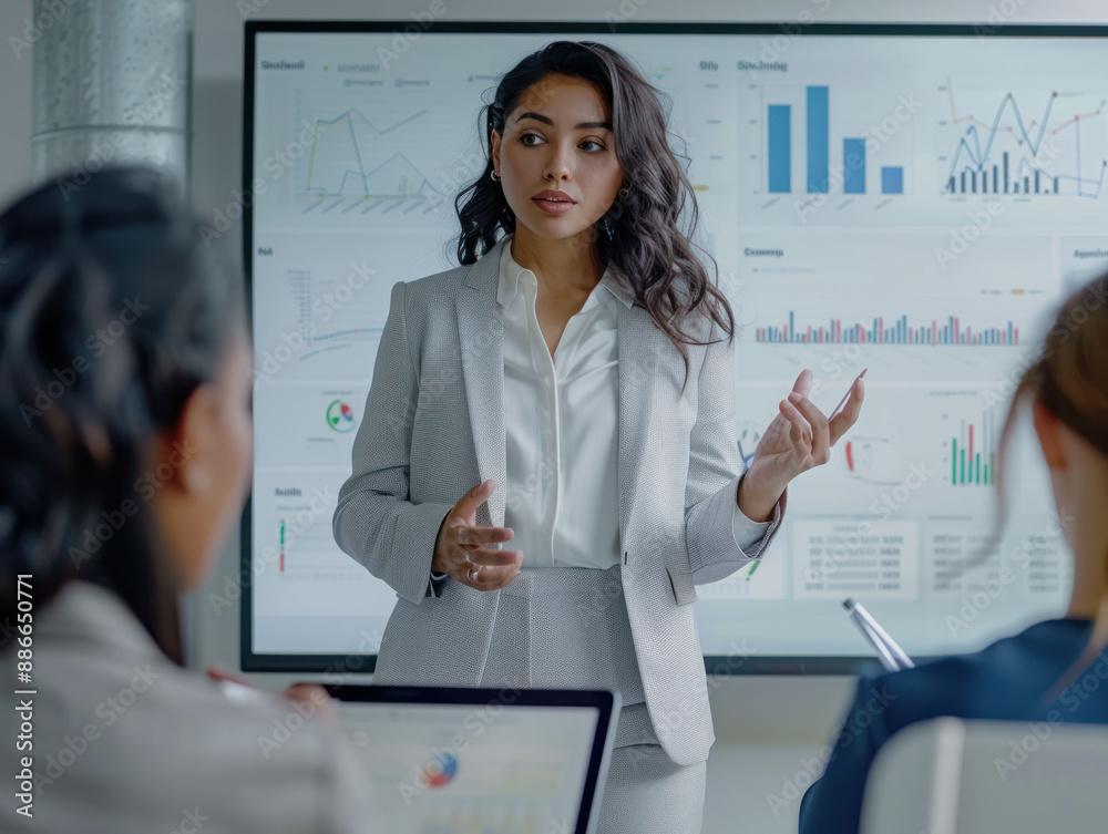 Fototapeta premium Female leader presenting data in a modern office, explaining charts and graphs on large screens.