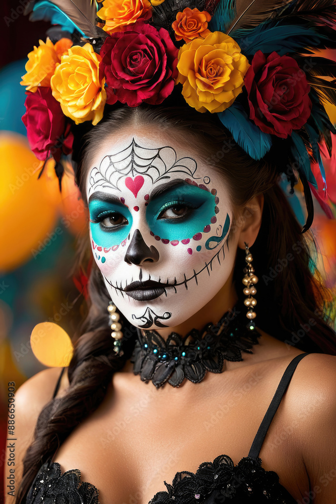 beautiful woman with painted skull on her face for Mexico's Day of the Dead beautiful woman with painted skull on her face for Mexico's Day of the Dead