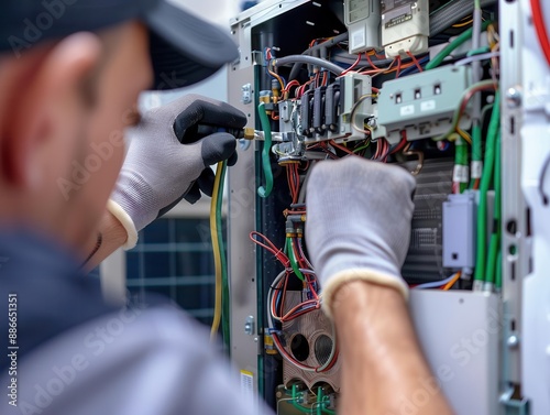 technician servicing split air conditioning unit detailed view of internal components clean technical aesthetic with focus on precision and expertise