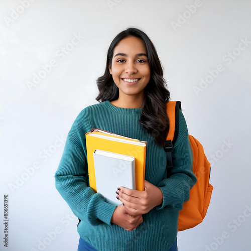 Estudiante con buso verde, alegre cargando mochila y cuadernos photo