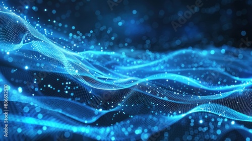 Digital blue particle waves and abstract background with bright shining dots. AI generates image