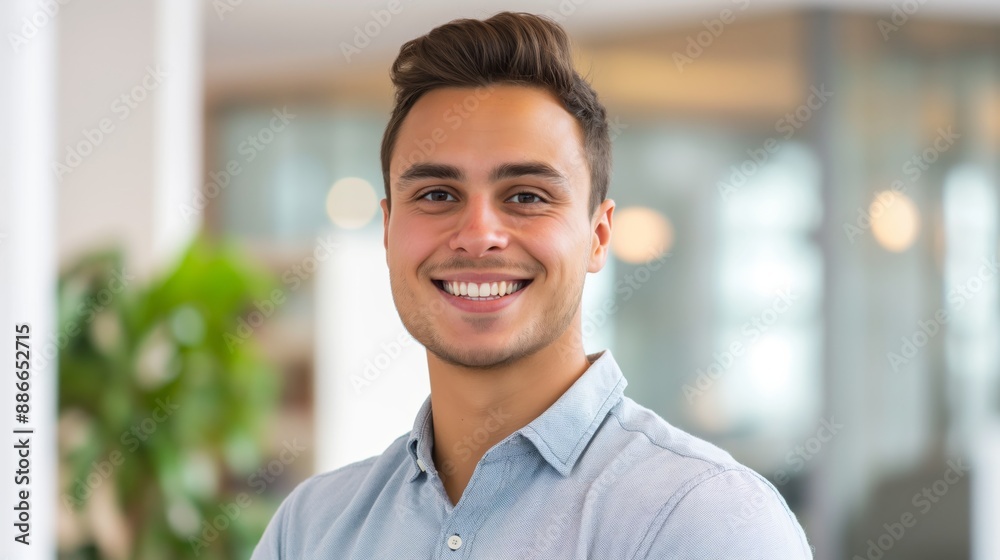 Obraz premium Confident Smiling Young Man in Casual Shirt Indoors, Perfect for Corporate, Professional Profile, and Marketing