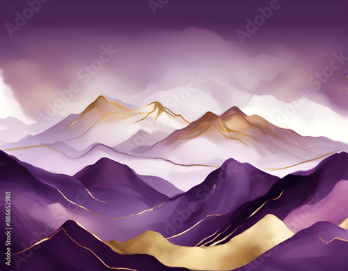 Marrs purple Mountain and golden line arts background vector. Luxury desert landscape background photo