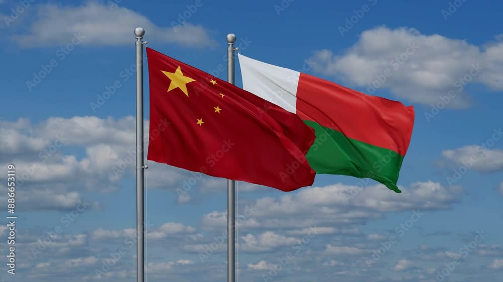 Madagascar and China flags flying together, video concept of the relationship, two country relations concept Madagascar and China flags flying together, video concept of the relationship, two country relations concept