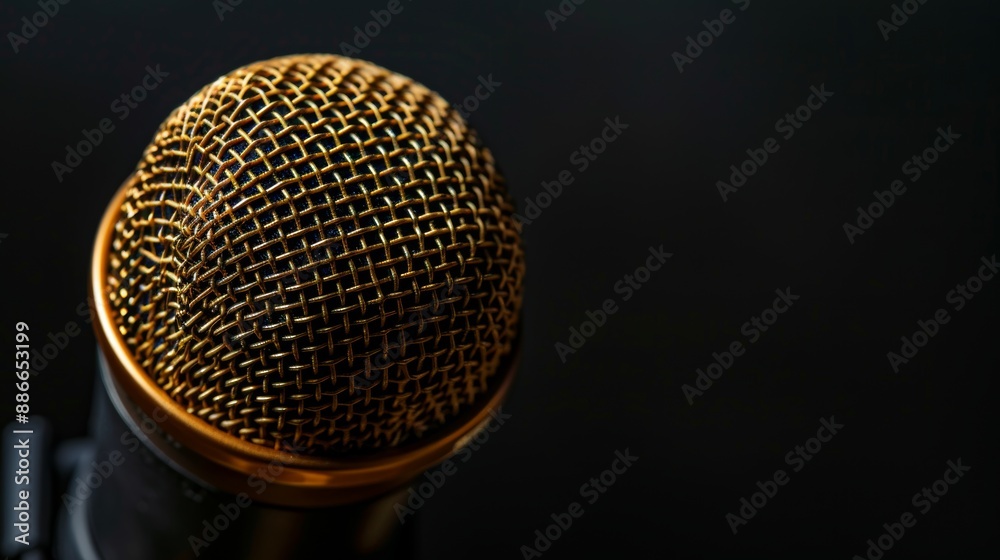 Close-Up of Professional Studio Microphone with Gold Mesh Head Against Black Background for Music Recording Close-Up of Professional Studio Microphone with Gold Mesh Head Against Black Background for Music Recording