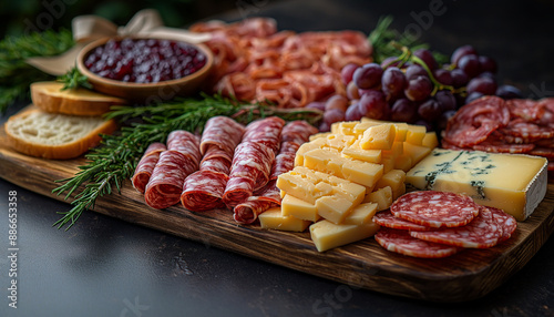 Tábua de frios salame queijo pão geleia montagem profissional gastronomia uva frutas madeira IA Generativa