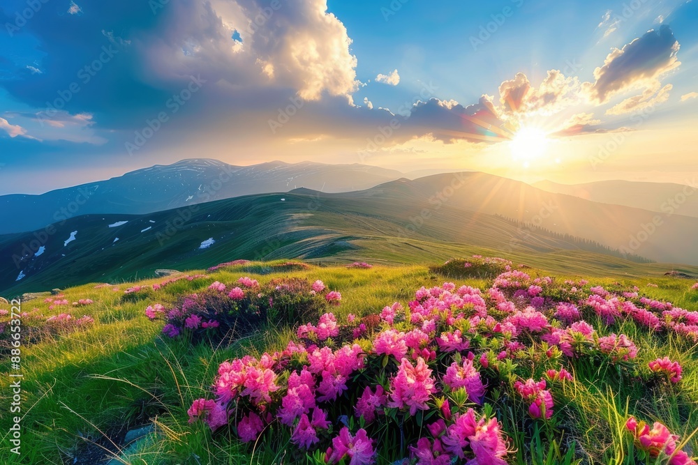 Sunset Over a Field of Pink Flowers in the Mountains Sunset Over a Field of Pink Flowers in the Mountains