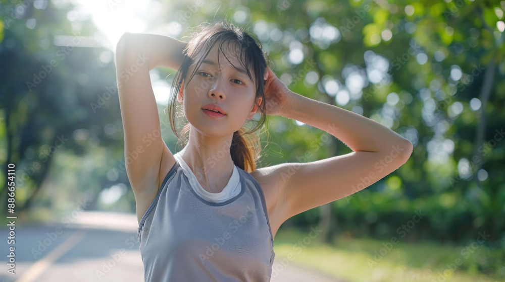 Female jogger. Fit young Asian woman with gray sportswear stretching muscle in park before running and enjoying a healthy outdoor. Fitness runner girl in public park. Wellness being concept Female jogger. Fit young Asian woman with gray sportswear stretching muscle in park before running and enjoying a healthy outdoor. Fitness runner girl in public park. Wellness being concept
