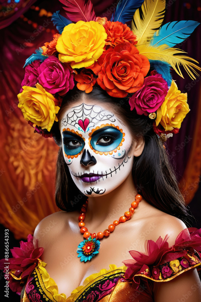 beautiful woman with painted skull on her face for Mexico's Day of the Dead beautiful woman with painted skull on her face for Mexico's Day of the Dead