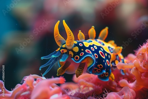 Close-up of a colorful nudibranch crawling on a coral reef photo
