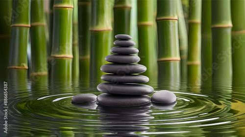 Stack of smooth stones in rippling water, blurred background of green bamboo plants, serene and balanced. photo