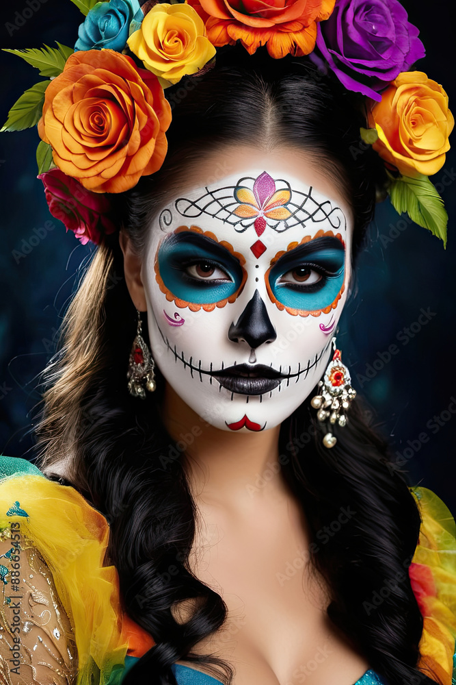 beautiful woman with painted skull on her face for Mexico's Day of the Dead beautiful woman with painted skull on her face for Mexico's Day of the Dead