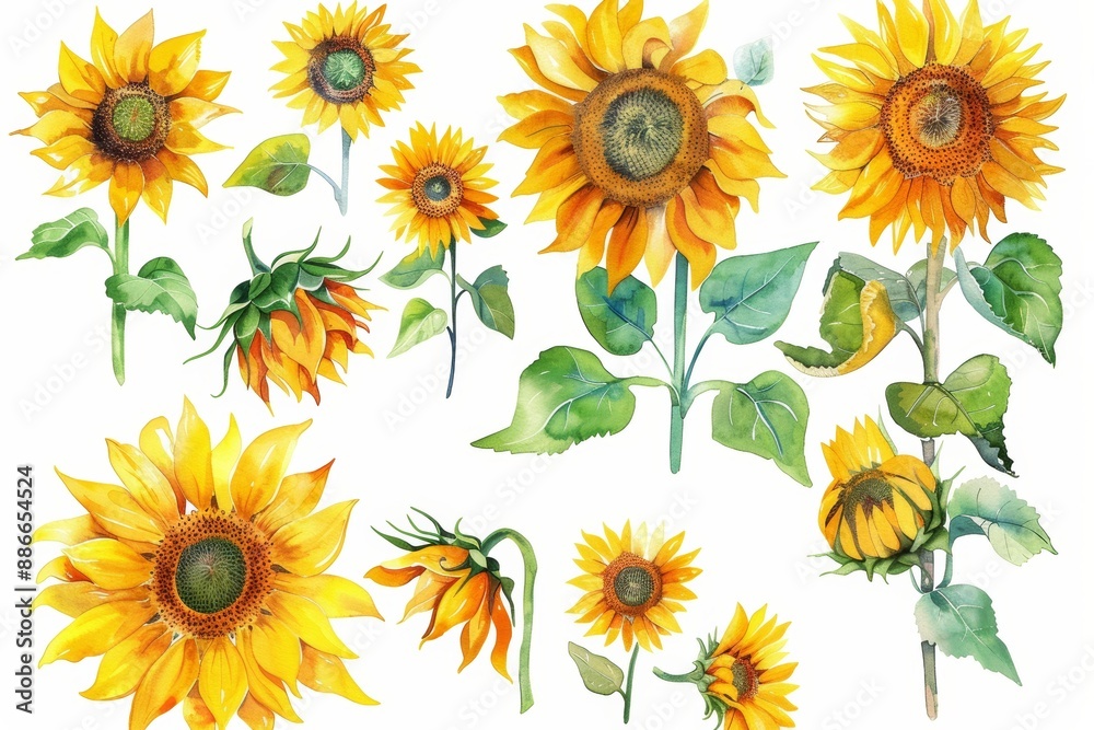 An isolated sunflower on a white background, with watercolor foliage and flowers, hand drawn with set flowers and leaves. An isolated sunflower on a white background, with watercolor foliage and flowers, hand drawn with set flowers and leaves.