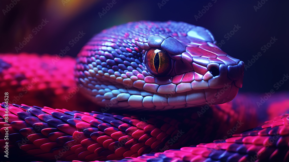 Fototapeta premium Colorful snake in neon violet and purple colors. Dark background with a close-up.