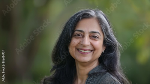 Smiling MiddleAged Pakistani Woman, Outdoor Portrait, Natural Background, Stock Photography for Multicultural and Diversity Projects © gn8