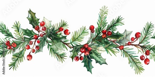 Aquarelle floral arrangement featuring holly leaves, red berries, and spruces