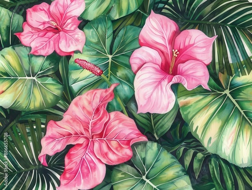 vibrant watercolor illustration pink caladium and green palm leaves tropical botanical art delicate brushstrokes natureinspired color palette exotic flora