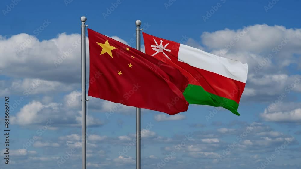 Oman and China flags flying together, video concept of the relationship, two country cooperation concept Oman and China flags flying together, video concept of the relationship, two country cooperation concept