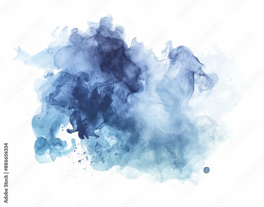 Abstract hand drawn watercolor stains background with blue color powder explosion on white. Abstract hand drawn watercolor stains background with blue color powder explosion on white.
