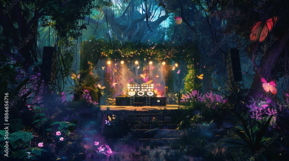 Fototapeta premium A small stage is set up in a dense forest at night, surrounded by lush greenery and illuminated by spotlights. Butterflies flutter in the air, creating a magical ambiance.
