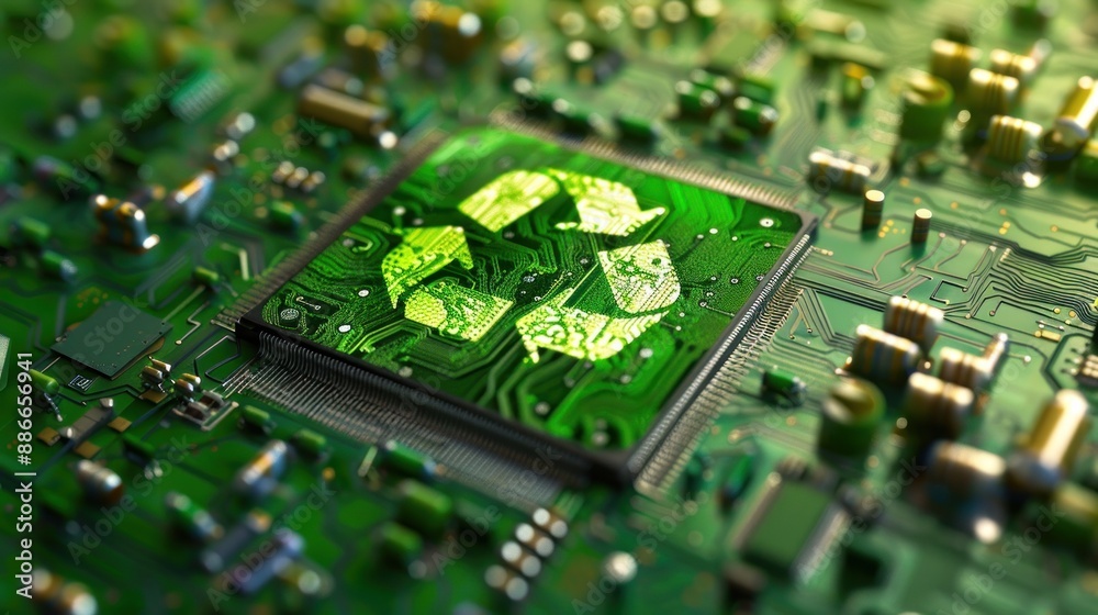 green recycle sign on circuit board technology innovations .AI generated image green recycle sign on circuit board technology innovations .AI generated image