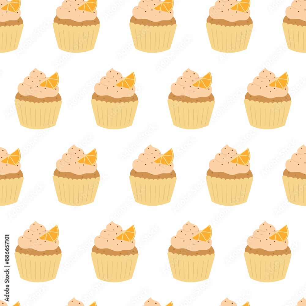 Seamless pattern of cupcakes with cream and orange slice on white background. Hand drawn doodle style Seamless pattern of cupcakes with cream and orange slice on white background. Hand drawn doodle style