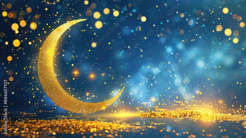 Naklejka premium golden crescent moon with blue background and gold glitter,eid mubarak greeting card concept. AI generated image