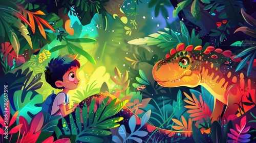 Cartoon of a child and dinosaur in a vibrant jungle, adventure theme, colorful illustration. photo