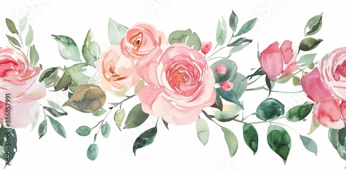 Set watercolor arrangements with roses. Collection garden pink flowers, leaves, branches, botanical illustration isolated on white.