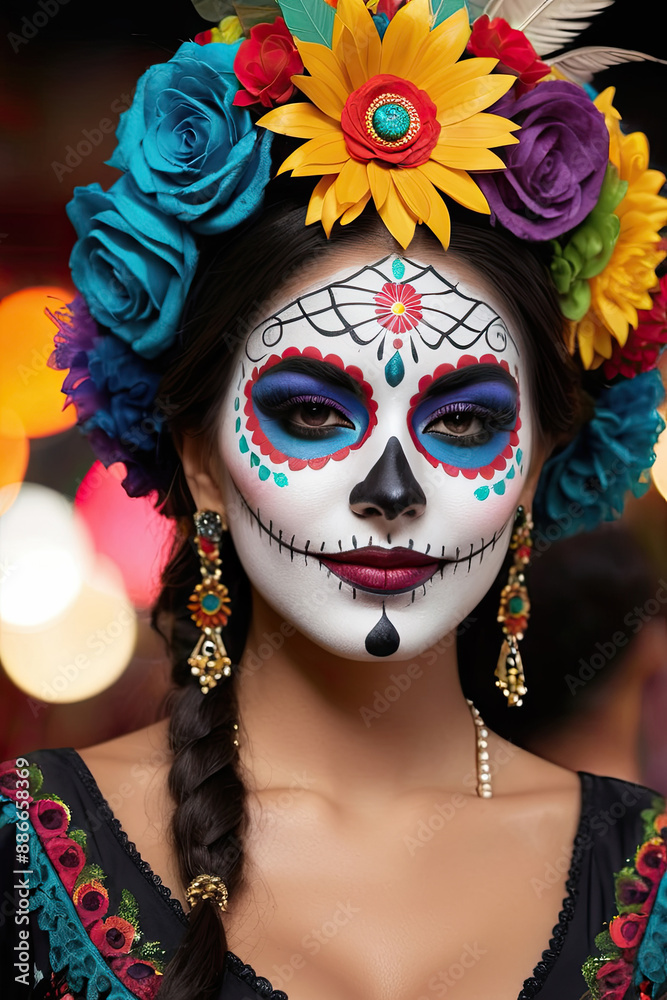 beautiful woman with painted skull on her face for Mexico's Day of the Dead beautiful woman with painted skull on her face for Mexico's Day of the Dead