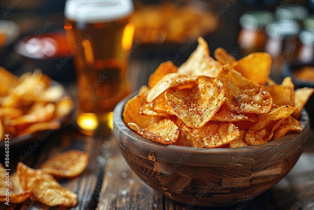 International beer day. Glasses with light beer and salty snacks on a bar counter International beer day. Glasses with light beer and salty snacks on a bar counter