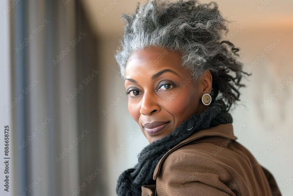 Portrait Of a Middle Aged Black Woman with Gray Hair, Wearing a Brown Jacket and Scarf Portrait Of a Middle Aged Black Woman with Gray Hair, Wearing a Brown Jacket and Scarf