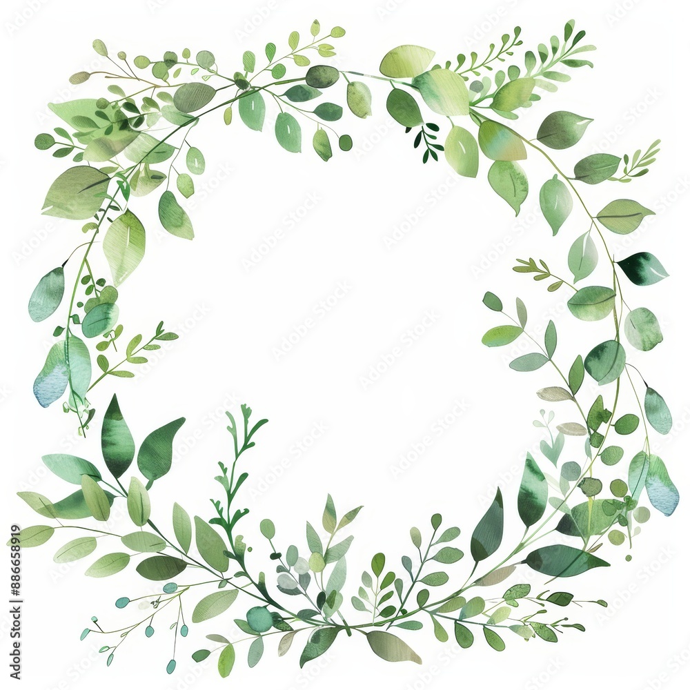 Fresh summer foliage and tree branches compose this watercolor wreath of green. Fresh summer foliage and tree branches compose this watercolor wreath of green.
