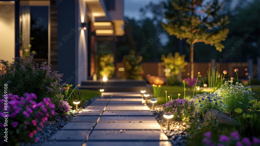 Obraz premium Illuminated home garden path.AI generated image