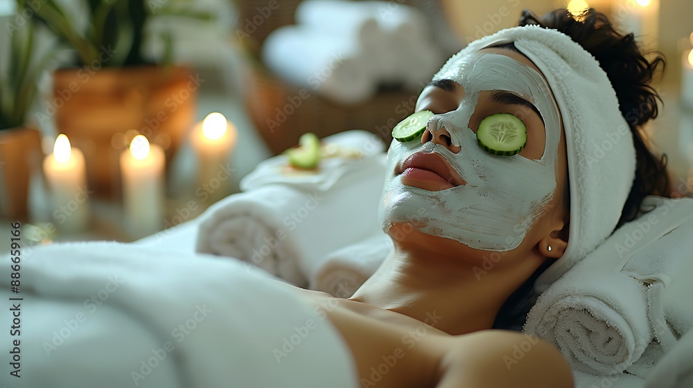 Luxurious spa treatment for a beautiful woman, reclining with a facial mask and cucumber slices on her eyes, white towels, soft candlelight and a peaceful setting, spa ambiance, relaxation, Luxurious spa treatment for a beautiful woman, reclining with a facial mask and cucumber slices on her eyes, white towels, soft candlelight and a peaceful setting, spa ambiance, relaxation,