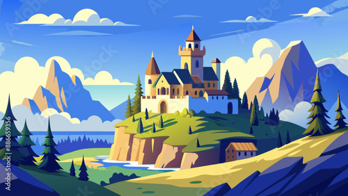 Include a quaint farmhouse nestled in the hills and majestic castle perched on a clifftop and rustic cabin in the woods and modern skyscraper in the distance, or a crumbling ancient temple